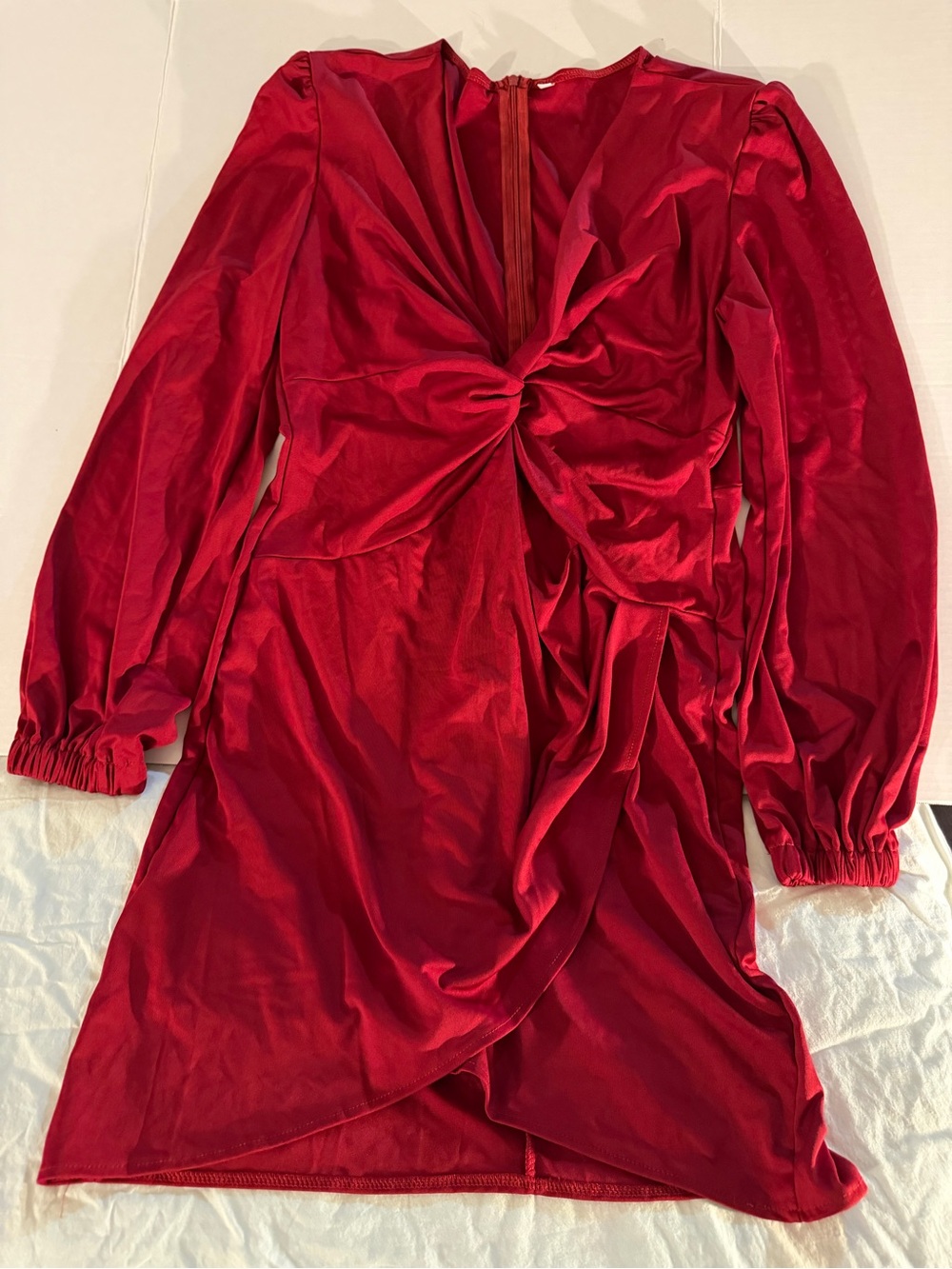 Red Twist-Front Long Sleeve Dress